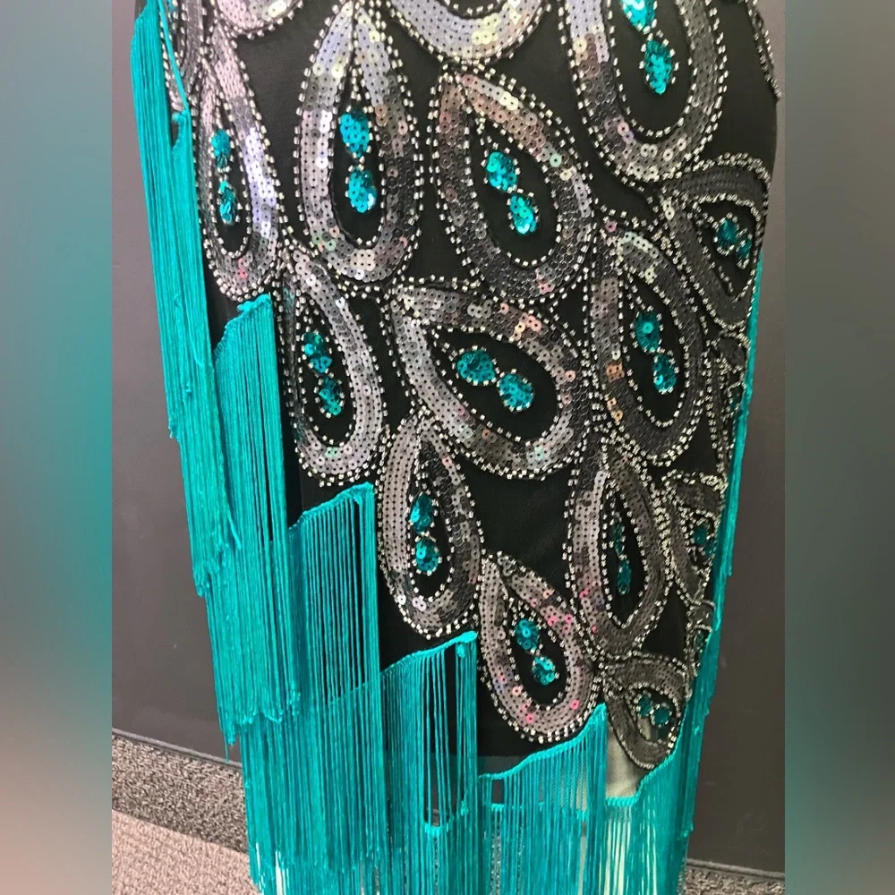 BabeYond black green and Silver peacock embroidered fringe flapper dress XL - Picture 10 of 15